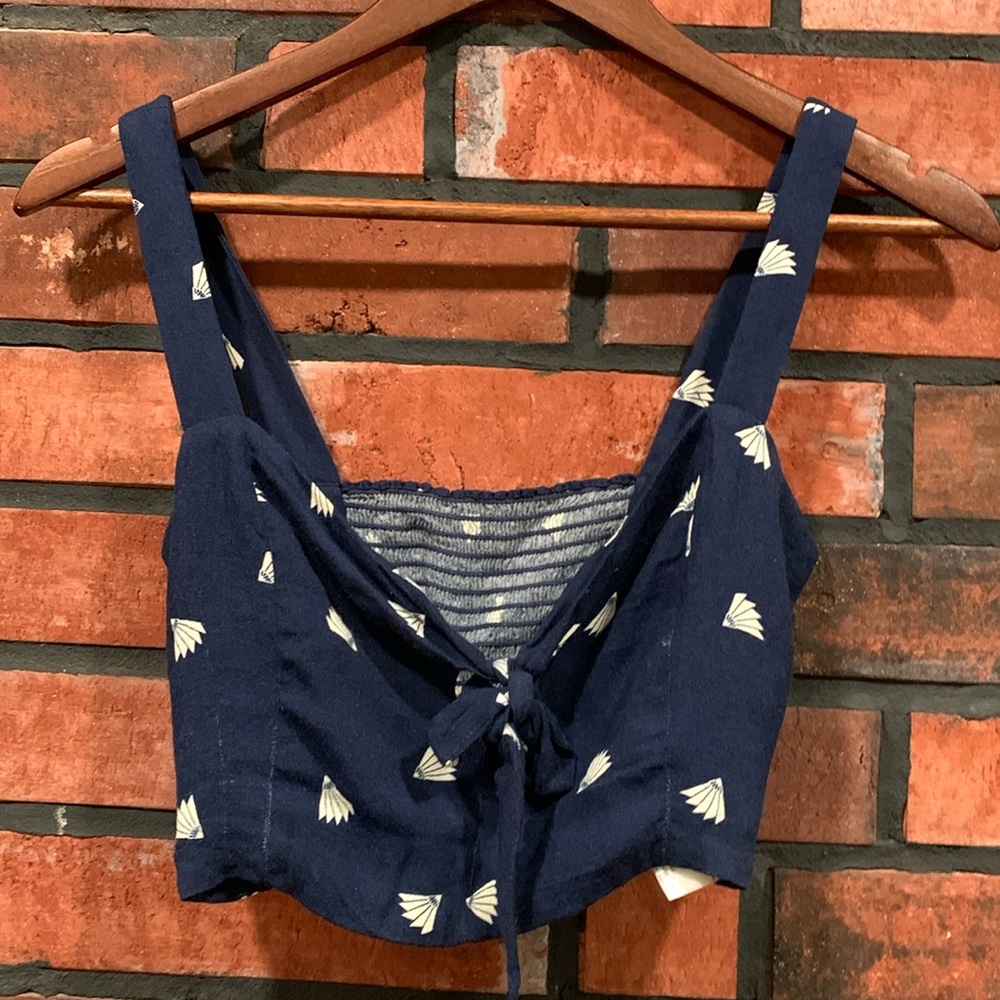 Reformation Navy Blue Cropped Tie-Front Tank with Cream Fan Print